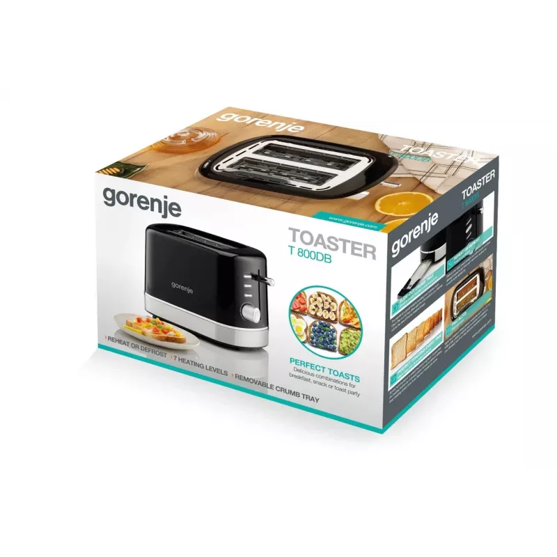 Gorenje T800DB 2-Slice Toaster, 800W, 7-Level Browning, Black