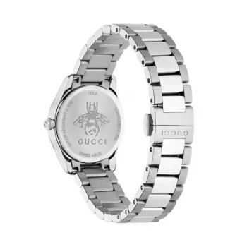 Gucci G-Timeless Ladies Watch YA126572A 27mm Stainless Steel Silver Dial Diamond Hour Markers Swiss Quartz