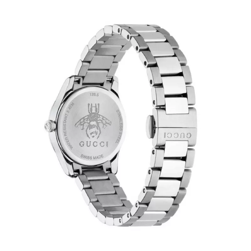 Gucci G-Timeless Ladies Watch YA126572A 27mm Stainless Steel Silver Dial Diamond Hour Markers Swiss Quartz