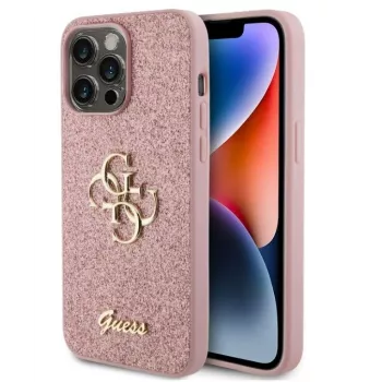 GUESS Apple iPhone 15 Pro Max Fixed Glitter 4G Metal Logo Case Pink