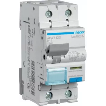 HAGER ADA513D RCBO 1P+N 13A B-Curve 30mA Type A 10kA