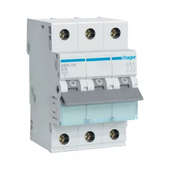 Hager MBN316 3-Pole 16A B-Curve 6kA Miniature Circuit Breaker, 3 Module Width