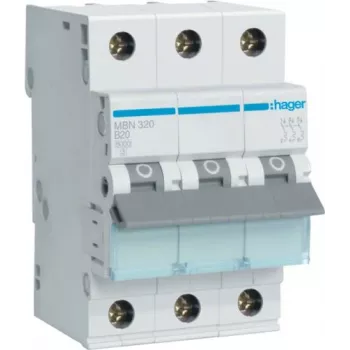 Hager MBN320 3-Pole 20 A B-Characteristic Miniature Circuit Breaker, 6 kA, 3 Modules