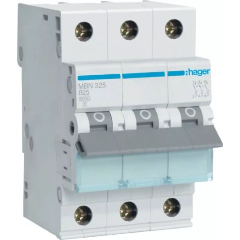 Hager MBN325 3-Pole 25 A B-Characteristic Miniature Circuit Breaker, 6 kA, 3 Modules