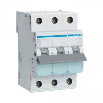 Hager MBN325 3-Pole 25 A B-Characteristic Miniature Circuit Breaker, 6 kA, 3 Modules