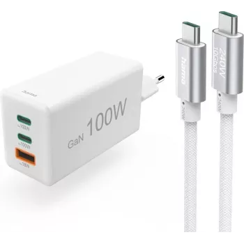 Hama USB-C Fast Charger with USB-C Cable, 100W Power Delivery, 1.5m, White 00200027