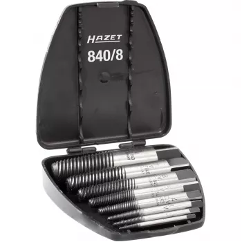 HAZET 840/8 Screw Extractor Set M3 - M45, 8 Pieces, Left-Hand Spiral, High-Grade Tool Steel, in Plastic Case