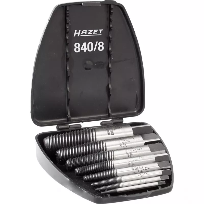 HAZET 840/8 Screw Extractor Set M3 - M45, 8 Pieces, Left-Hand Spiral, High-Grade Tool Steel, in Plastic Case