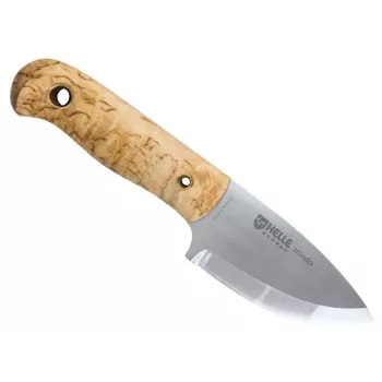 Helle Mandra Fixed Blade Knife with Curly Birch Handle and Leather Neck Sheath