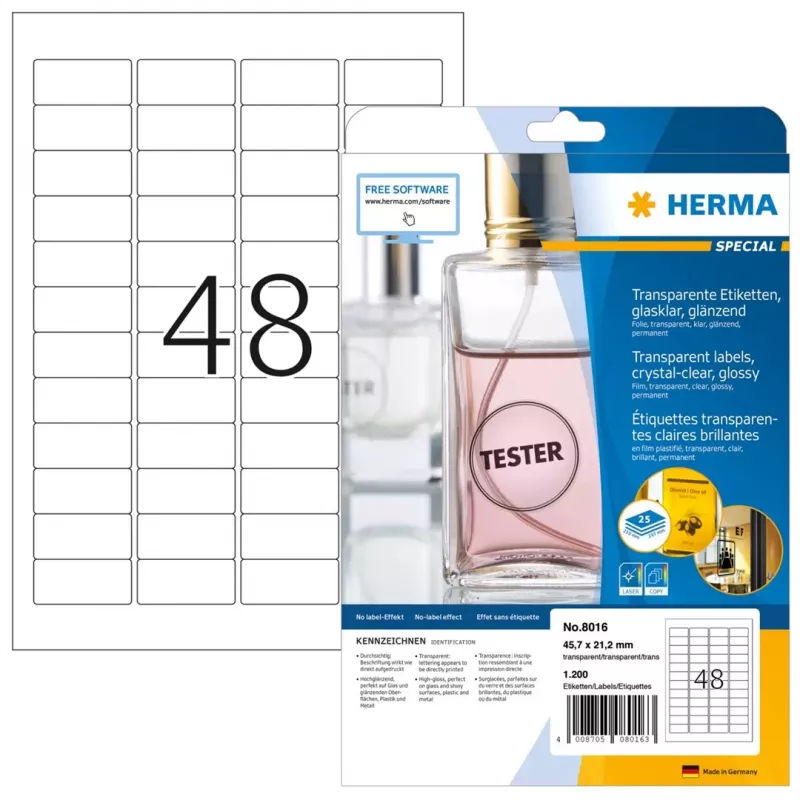 HERMA 8016 Crystal Clear Glossy Polyester Labels A4 45.7 x 21.2 mm 1200 Labels