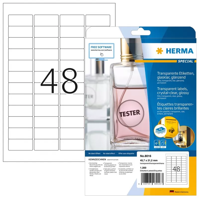 HERMA 8016 Crystal Clear Glossy Polyester Labels A4 45.7 x 21.2 mm 1200 Labels