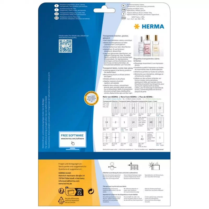 HERMA 8016 Crystal Clear Glossy Polyester Labels A4 45.7 x 21.2 mm 1200 Labels