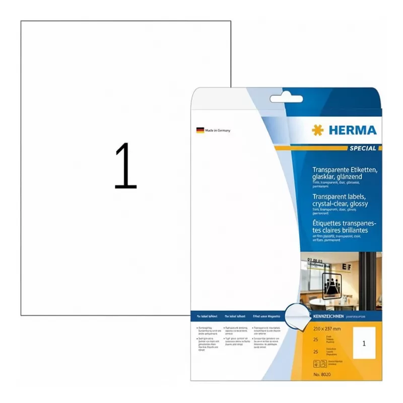 HERMA Special Glossy Transparent A4 Self-Adhesive Polyester Film Labels, 25 Sheets