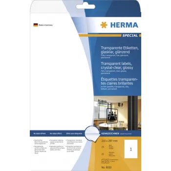 HERMA Special Glossy Transparent A4 Self-Adhesive Polyester Film Labels, 25 Sheets