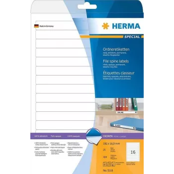 HERMA Special Permanent Self-Adhesive Matte Opaque File Labels, Paper, White, 192 x 16.9 mm, 400 Labels (25 Sheets x 16) (5118)