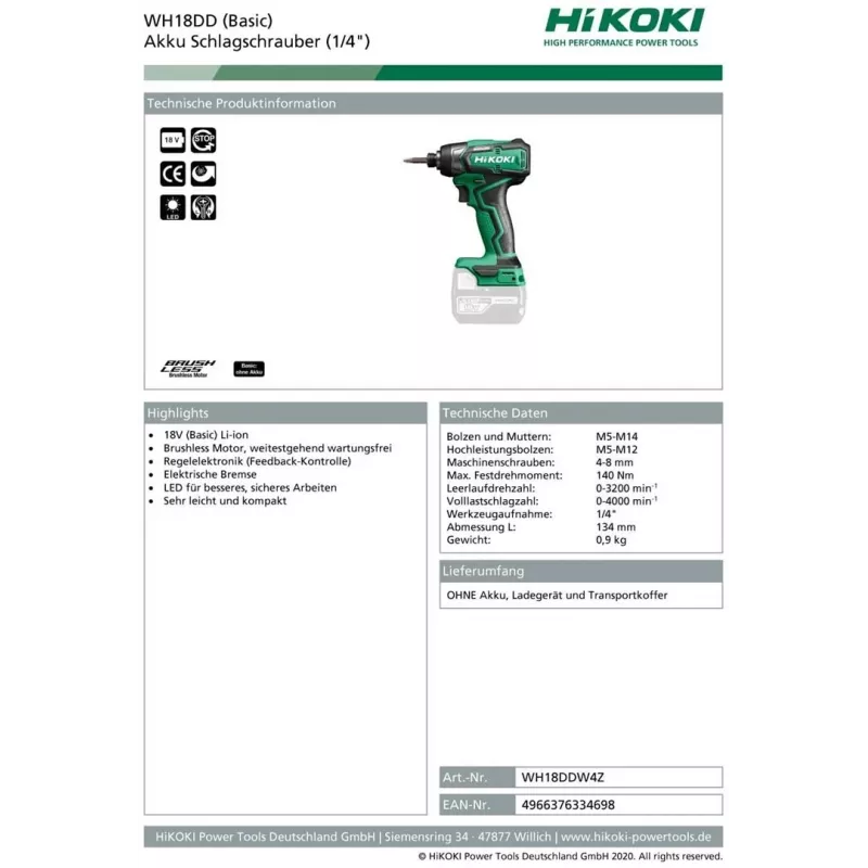 HIKOKI WH18DD 18V Cordless Impact Wrench, 0-3200 RPM, 0-400 IPM
