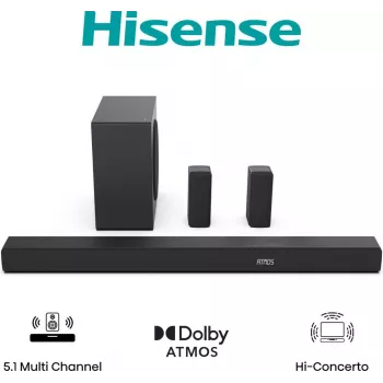 Hisense AX5100Q 5.1.2 Channel 510W Dolby Atmos Soundbar with Wireless Subwoofer and Rear Speakers 20015174