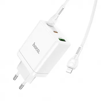 HOCO 35W Dual USB-C + USB-A PD & QC3.0 Wall Charger with USB-C to Lightning Cable, White