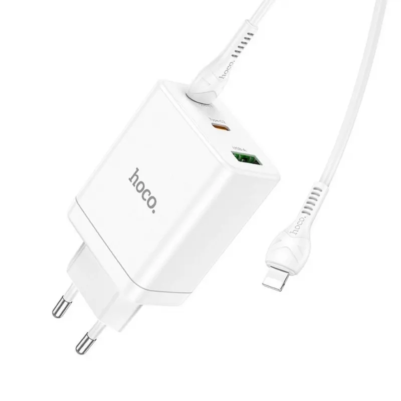 HOCO 35W Dual USB-C + USB-A PD & QC3.0 Wall Charger with USB-C to Lightning Cable, White
