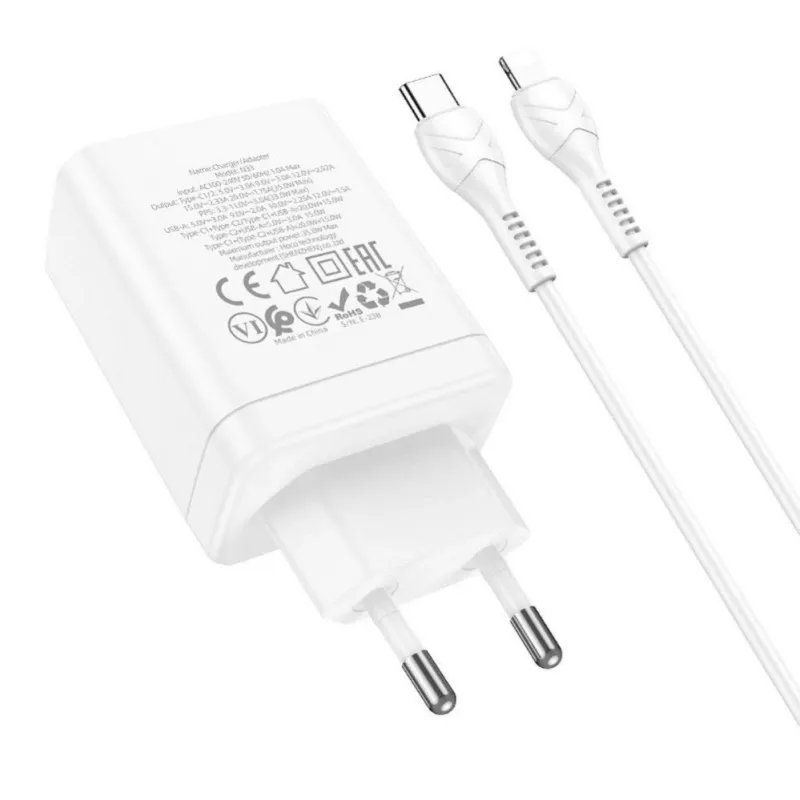 HOCO 35W Dual USB-C + USB-A PD & QC3.0 Wall Charger with USB-C to Lightning Cable, White