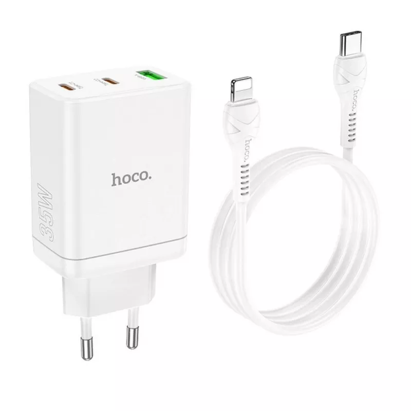 HOCO 35W Dual USB-C + USB-A PD & QC3.0 Wall Charger with USB-C to Lightning Cable, White
