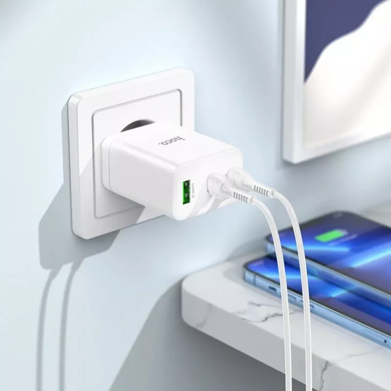 HOCO 35W Dual USB-C + USB-A PD & QC3.0 Wall Charger with USB-C to Lightning Cable, White