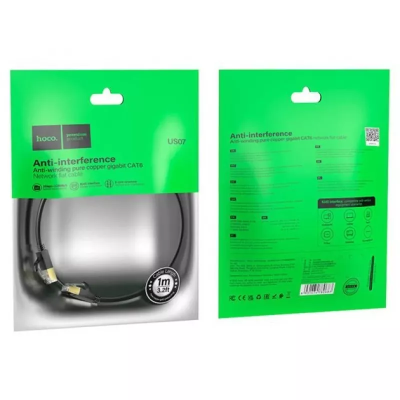 HOCO US07 General Pure Copper Flat Network Cable (1m) Black