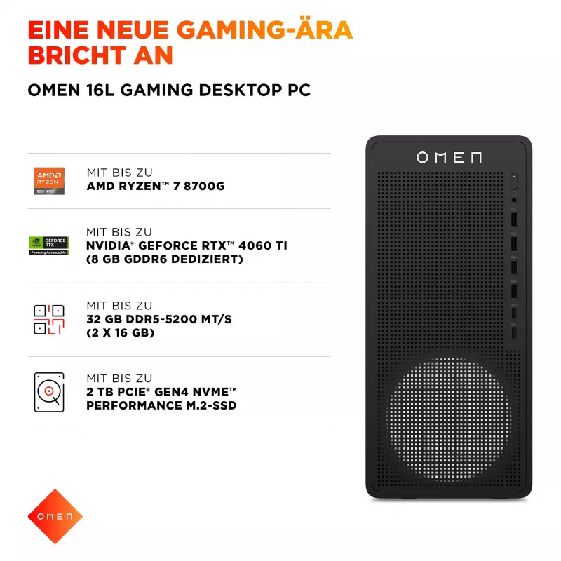 HP OMEN 16L TG03-0451ng Gaming Desktop PC - AMD Ryzen 5 8400F, 16GB DDR5, 512GB SSD, NVIDIA GeForce RTX 5050, No OS, Black