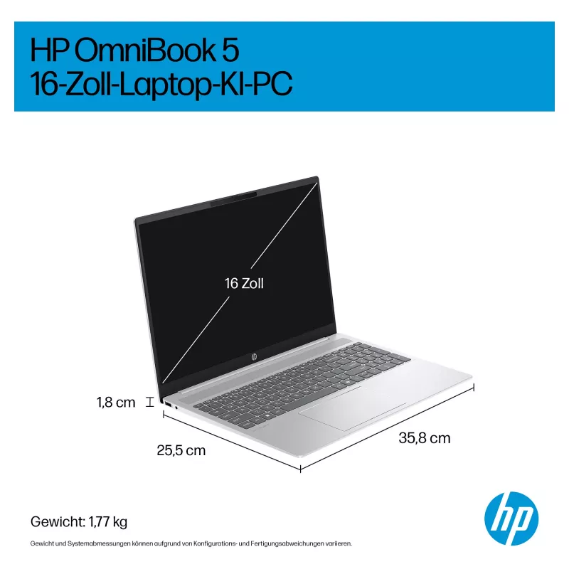 HP OmniBook 5 AI 16-af1450ngx Laptop, 16-inch, Intel Core Ultra 5 225U, 16GB RAM, 512GB SSD, Windows 11 Home