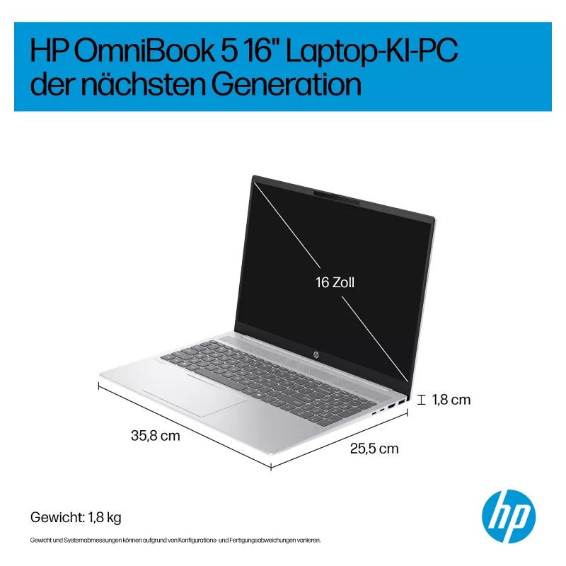 HP OmniBook 5 16-ag1451ngx AMD Ryzen AI 5 330 16GB 512GB SSD W11 Home 16 inch WUXGA Laptop (Natural Silver, German QWERTZ)