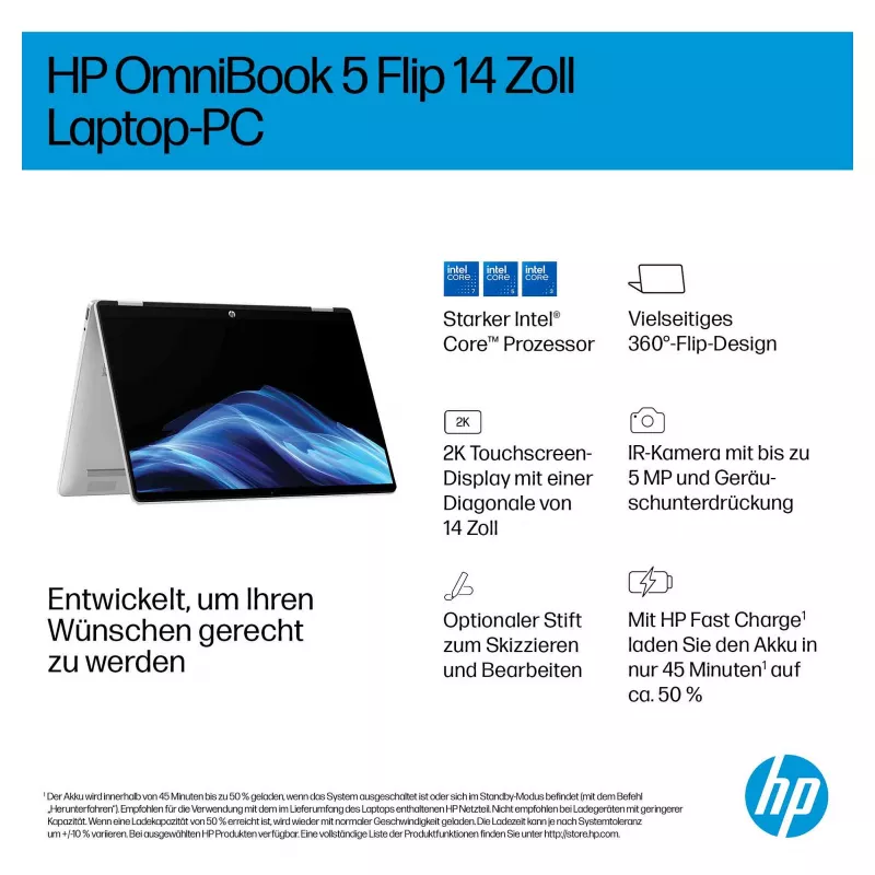 HP OmniBook 5 Flip 14-fp0051ngx 2-in-1 Laptop, 14 inch WUXGA Touch, Intel Core 5 120U, 16GB RAM, 512GB SSD, Windows 11 Home