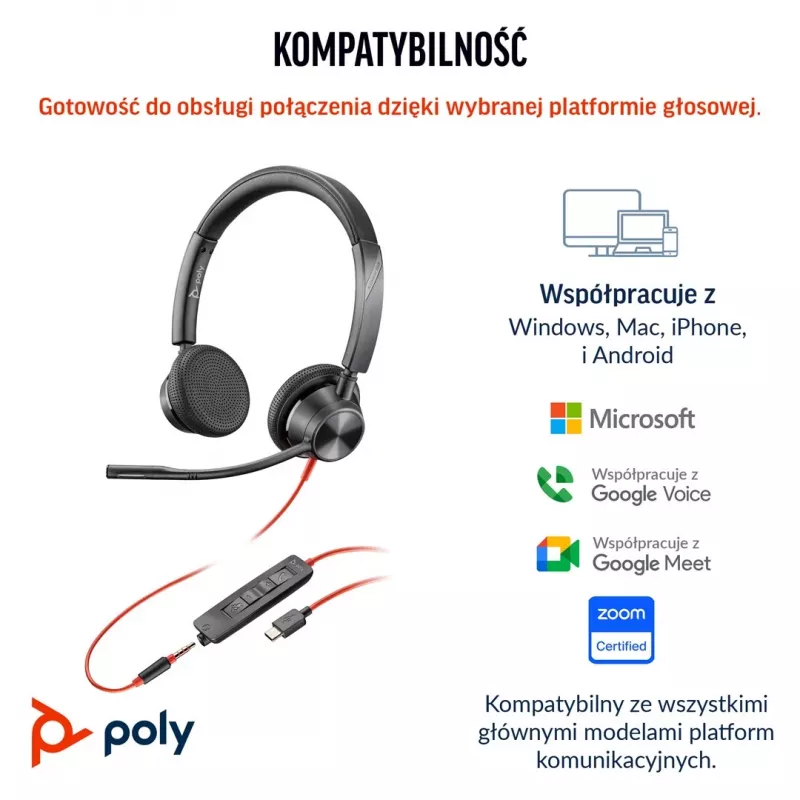 HP Poly Blackwire 3325 Stereo Microsoft Teams Certified USB-C Headset +3.5mm Plug +USB-C/A Adapter