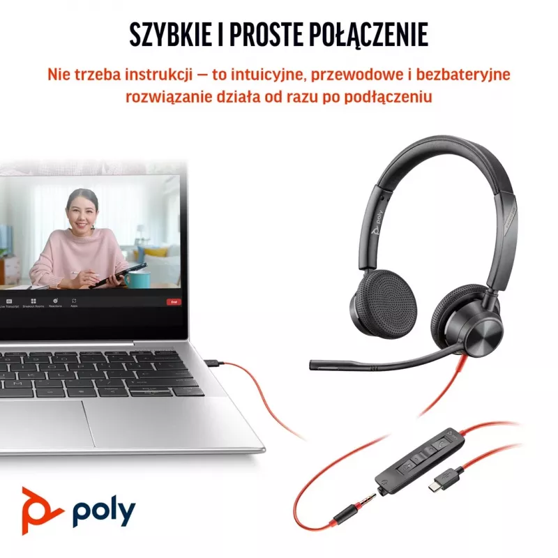 HP Poly Blackwire 3325 Stereo Microsoft Teams Certified USB-C Headset +3.5mm Plug +USB-C/A Adapter