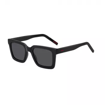 HUGO HG1259S807IR Men's Rectangular Sunglasses, Black Acetate Frame, Grey UV400 Lenses, 51mm
