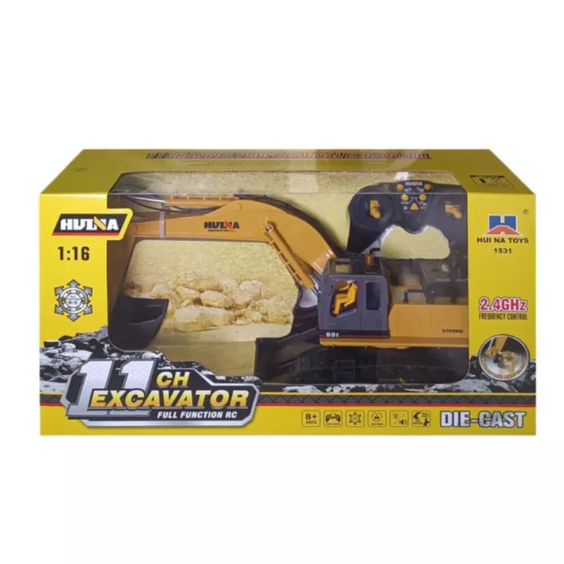 Huina 22747 1:16 RC Crawler Excavator with Rotating Cabin, 15 Channel 2.4GHz Remote Control, LED Lights, Metal Shovel, Rechargeable Battery, for Kids 8+