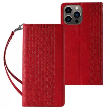 Hurtel Magnet Strap Case for iPhone 13 Pro Max - Wallet Folio with Detachable Lanyard and Pendant - Red