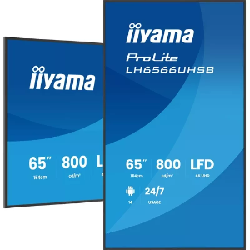 IIYAMA LH6566UHSB-B1AG 65 inch 4K UHD Digital Signage Display with Android 11, 500 cd/m², 2x HDMI, USB-C, DP, WiFi, 18/7 Operation