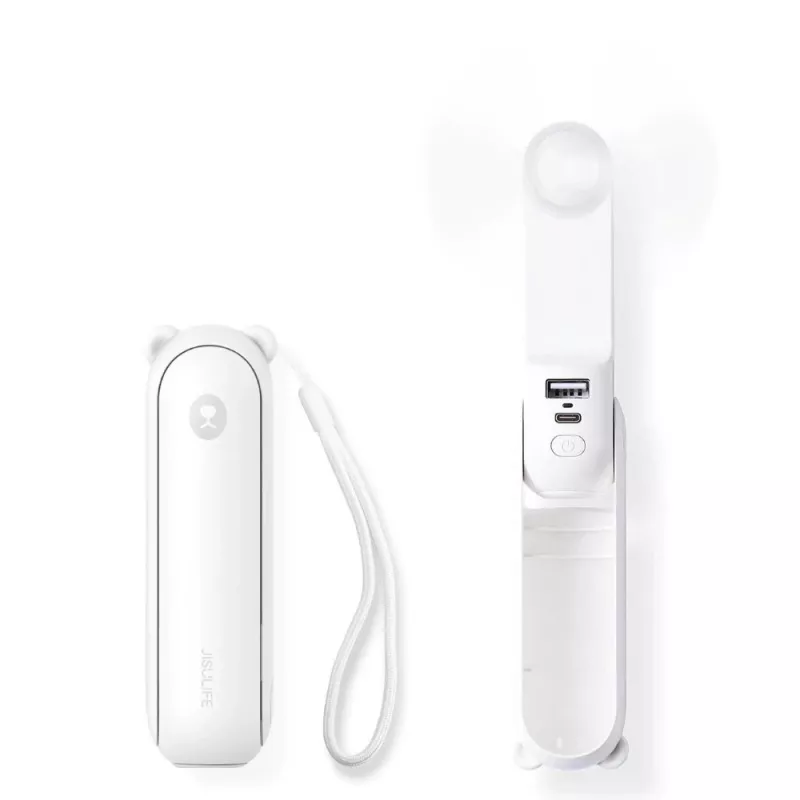 JISULIFE Handheld Fan 8 Plus White - 5000mAh, USB-C, 46h Battery Life, LED Display, Power Bank