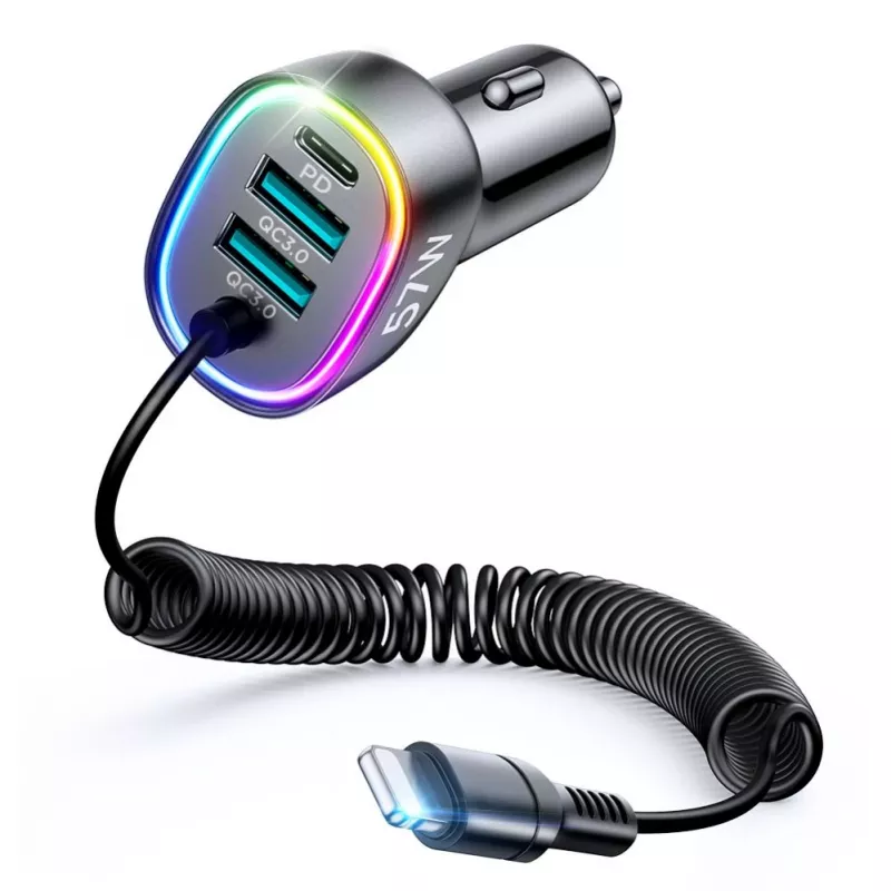Joyroom 4-in-1 Fast Car Charger PD QC3.0 AFC FCP with 1.6m 57W Lightning Cable Black