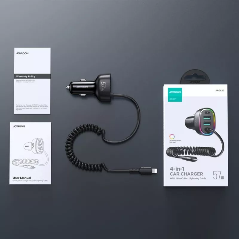 Joyroom 4-in-1 Fast Car Charger PD QC3.0 AFC FCP with 1.6m 57W Lightning Cable Black