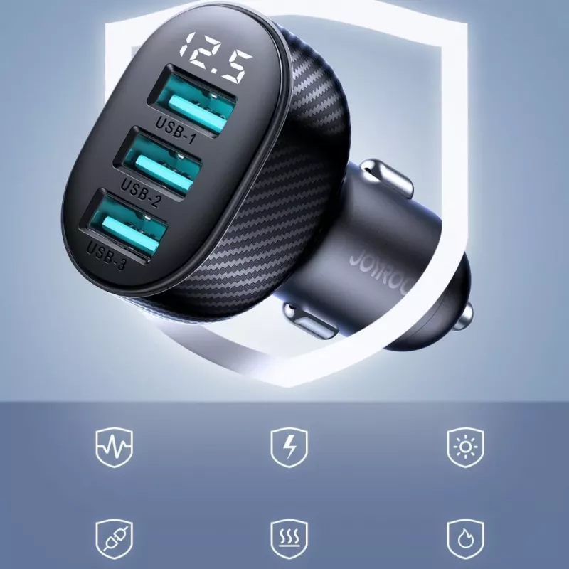 Joyroom JR-CCD03 Car Charger with Digital Display, 3x USB-A, 17W, 3.4A, Black