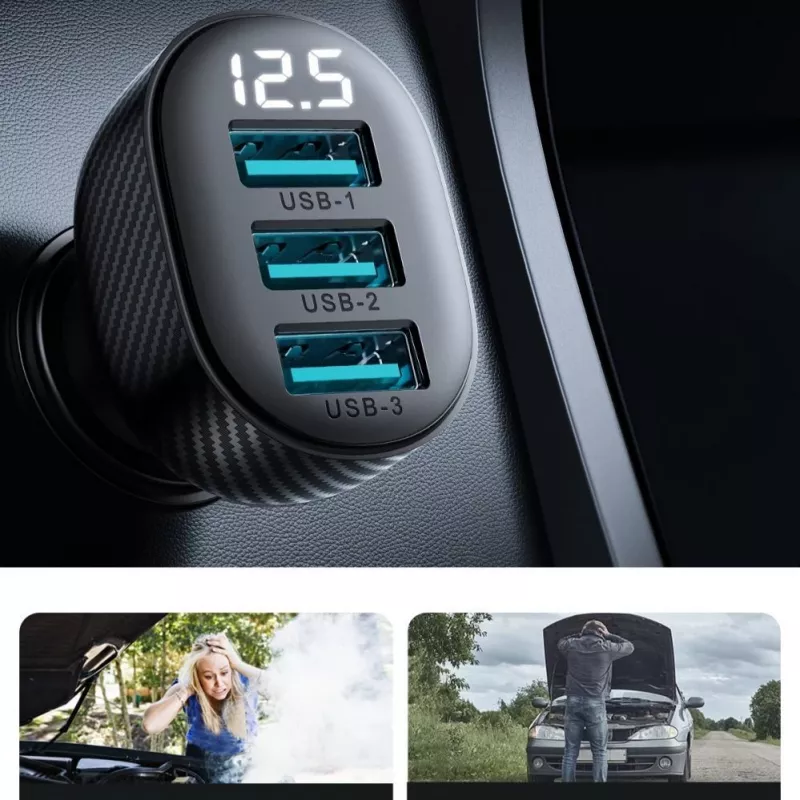 Joyroom JR-CCD03 Car Charger with Digital Display, 3x USB-A, 17W, 3.4A, Black