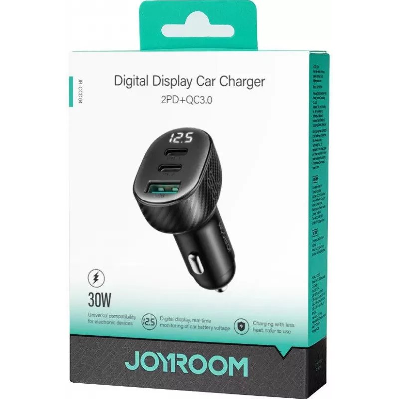 Joyroom JR-CCD04 Car Charger 30W 2x USB-C USB-A with Digital Display - Black