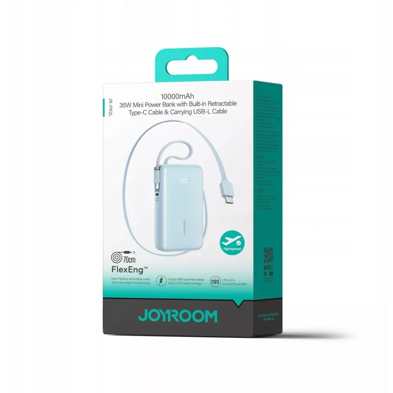 Joyroom JR-PR2L 10000mAh 35W Power Bank with Digital Display, Built-in Retractable USB-C and Lightning Cables (0.7m), Blue
