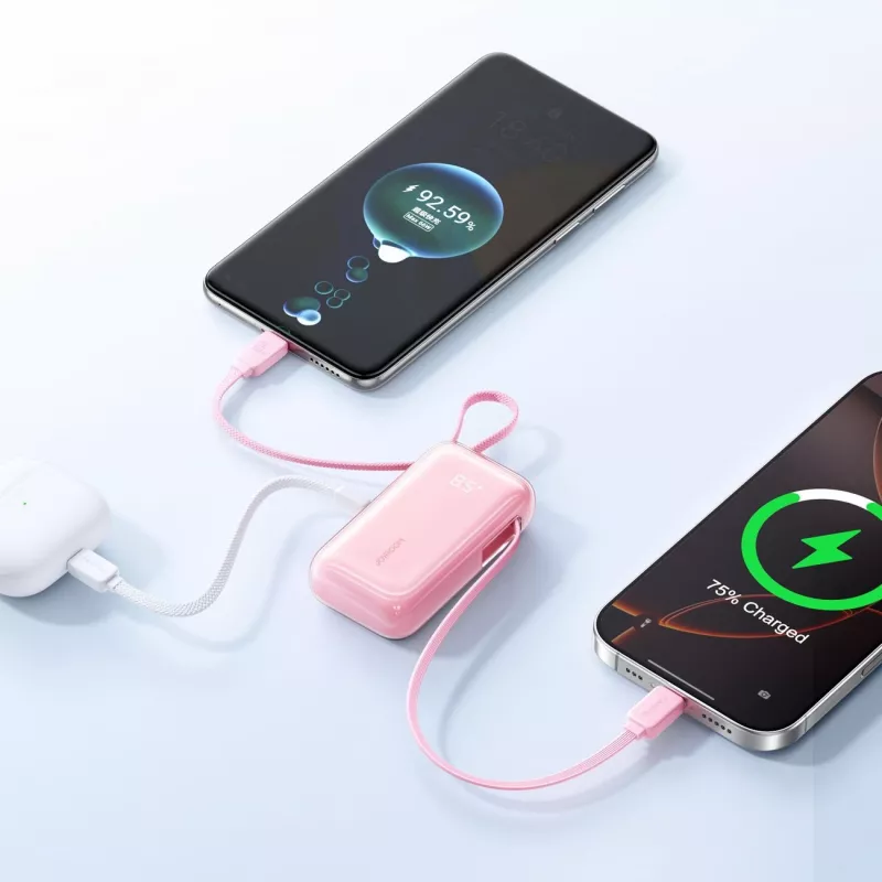 Joyroom JR-PR2L Power Bank 10000 mAh 35W with Digital Display, Retractable USB-C and Lightning Cables (0.7m) Pink