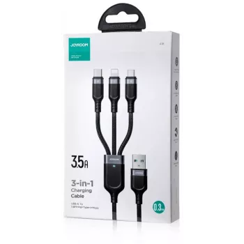 JOYROOM S-1T3018A18 3-in-1 Multi Charging Cable USB-A to USB-C/Micro-USB/Lightning, 30cm Braided Nylon, 3.5A, Black