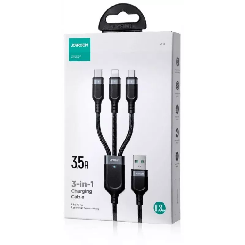 JOYROOM S-1T3018A18 3-in-1 Multi Charging Cable USB-A to USB-C/Micro-USB/Lightning, 30cm Braided Nylon, 3.5A, Black