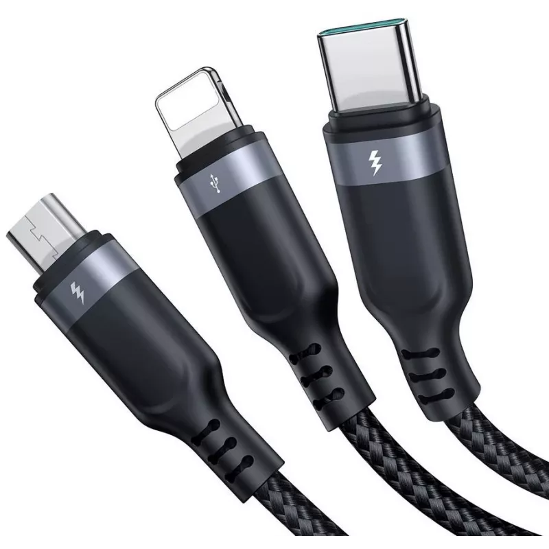 JOYROOM S-1T3018A18 3-in-1 Multi Charging Cable USB-A to USB-C/Micro-USB/Lightning, 30cm Braided Nylon, 3.5A, Black