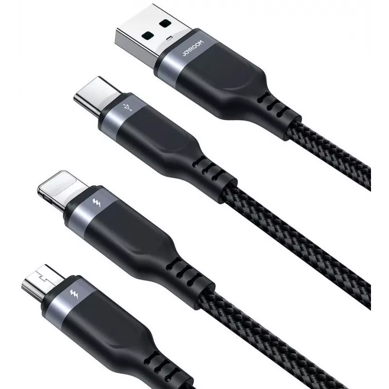 JOYROOM S-1T3018A18 3-in-1 Multi Charging Cable USB-A to USB-C/Micro-USB/Lightning, 30cm Braided Nylon, 3.5A, Black