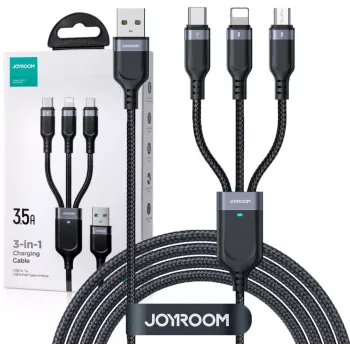 JOYROOM S-1T3018A18 3-in-1 Multi Charging Cable USB-A to USB-C/Micro-USB/Lightning, 30cm Braided Nylon, 3.5A, Black